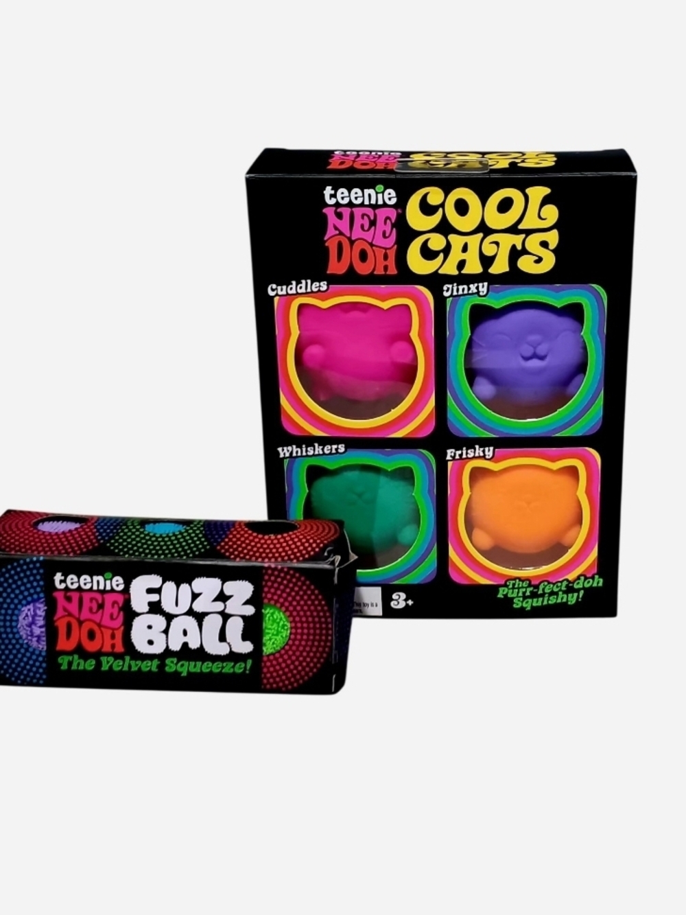 Teenie NeeDoh Cool Cats 4-Pack Squishy Set And Fuzzy Balls 3-Pack NWT